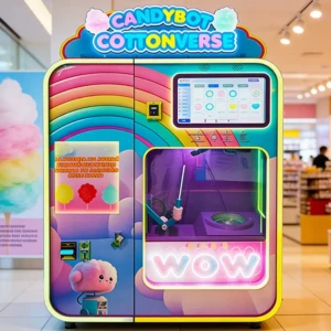 Automatic cotton candy vending machine in use at a lively party event