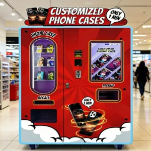Máquina expendedora moderna de caso de teléfono portátil en un atrio de un centro comercial ocupado