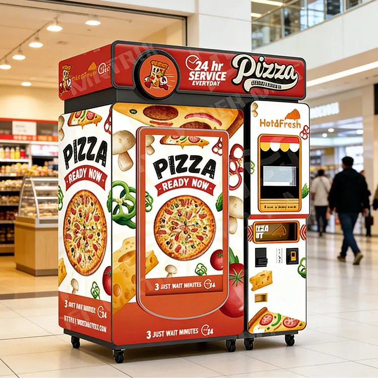 Modern pizza vending machine in a busy university campus setting