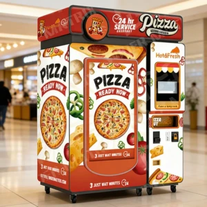 Una máquina expendedora de pizza moderna en una calle concurrida en Tokio, Japón