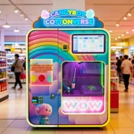 Automatic cotton candy vending machine in a busy shopping mall atrium
