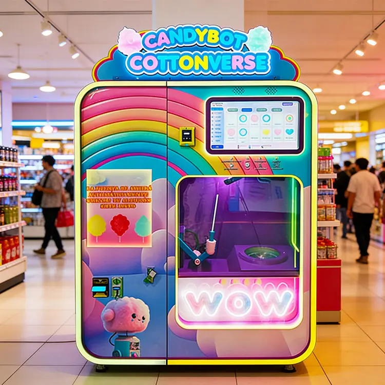 Automatic cotton candy vending machine in a busy shopping mall atrium