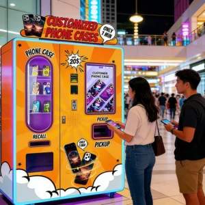 Современный торговый автомат для чехол для телефонов в оживленном торговом центре привлекает клиентов