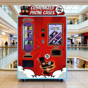 A sleek phone case vending machine in a shopping mall corridor