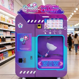 Máquina expendedora comercial de dulces de algodón que opera en un centro comercial ocupado