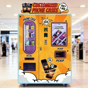 Cliente que usa una máquina expendedora de caso de teléfono DIY asequible en un centro comercial