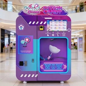 Una exitosa máquina expendedora de dulces de algodón en un concurrido patio de comida del centro comercial