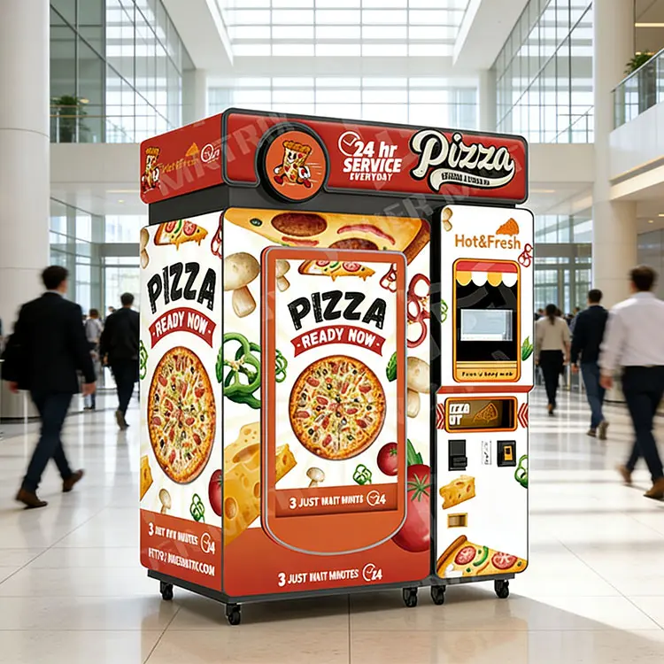 Modern pizza vending machine in a busy office building lobby