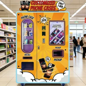 آلة بيع حالة الهاتف الحديثة في مركز تسوق مزدحم جذب العملاء
