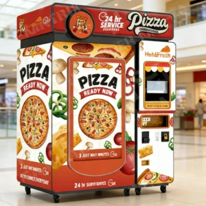 Vista interior de una máquina expendedora automática de pizza que hace una pizza fresca