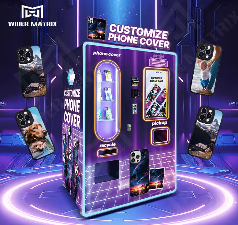 Phone case vending machine in a busy shopping mall