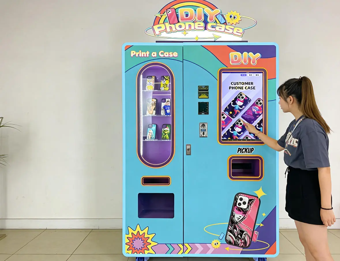 A customer using a touchscreen on a phone case vending machine