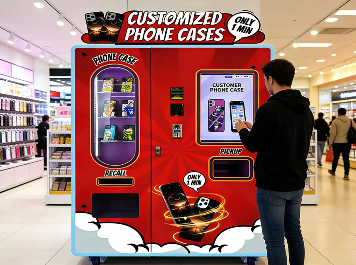 Person customizing their phone case design on a vending machine touchscreen