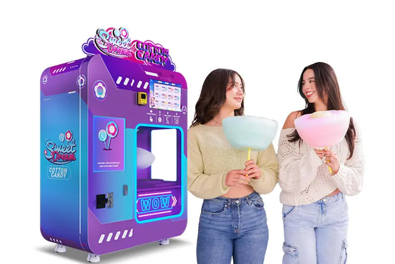 Close-up view of fluffy cotton candy being spun inside an automatic vending machine