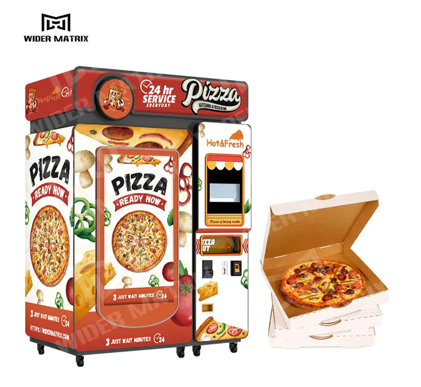 Person using a touchscreen to order from a pizza vending kiosk