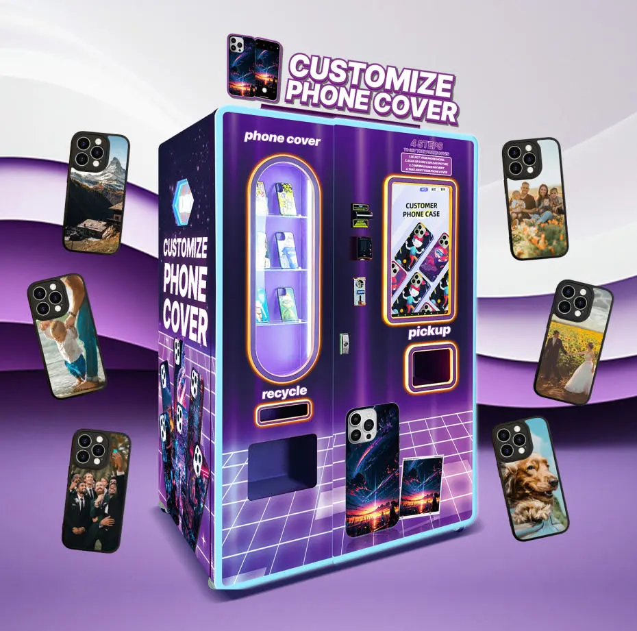 Internal view of a phone case vending machine showing case blanks and printer