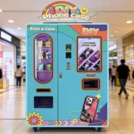 A sleek phone case vending machine in a busy shopping mall atrium with customers browsing