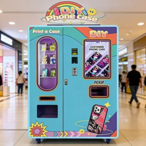 A sleek phone case vending machine in a busy shopping mall atrium with customers browsing