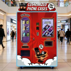 آلة بيع حقيبة الهاتف تعمل في مركز تسوق مزدحم