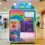 آلة بيع الحلوى القطنية التلقائية التي تعمل في مركز تسوق مزدحم