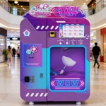 High-quality commercial cotton candy vending machine operating in a busy shopping mall