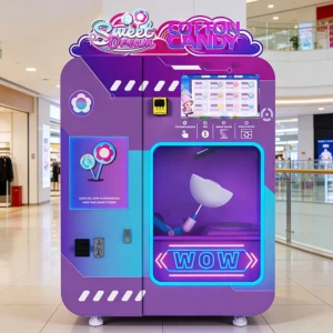 آلة بيع الحلوى القطنية الآلية تجذب حشدًا في مركز تسوق حديث