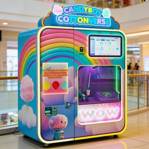 Una moderna máquina expendedora automática de algodón atrae a una multitud en un centro comercial