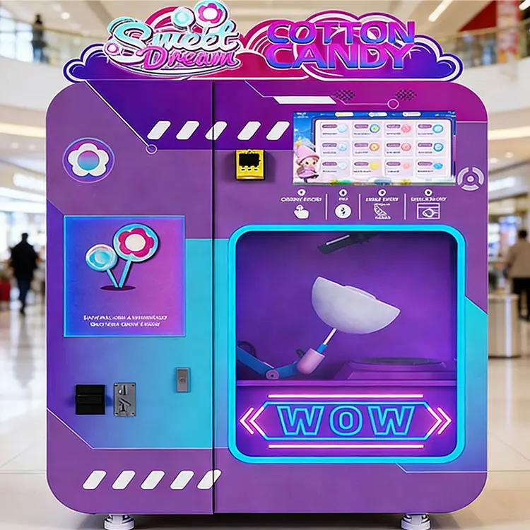 A modern cotton candy vending machine attracting a crowd in a shopping center