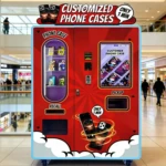 A customer using a custom phone case vending machine in a busy shopping center