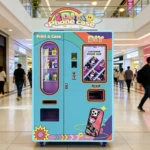 A sleek phone case vending machine located in a modern airport terminal near departure gates