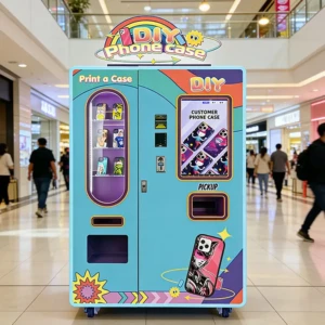 A sleek phone case vending machine located in a modern airport terminal near departure gates