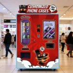 A custom phone case vending machine with photo upload feature operating in a busy shopping mall