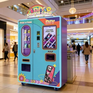 A modern vending kiosk offering phone cases positioned in a busy cinema lobby near concession stands