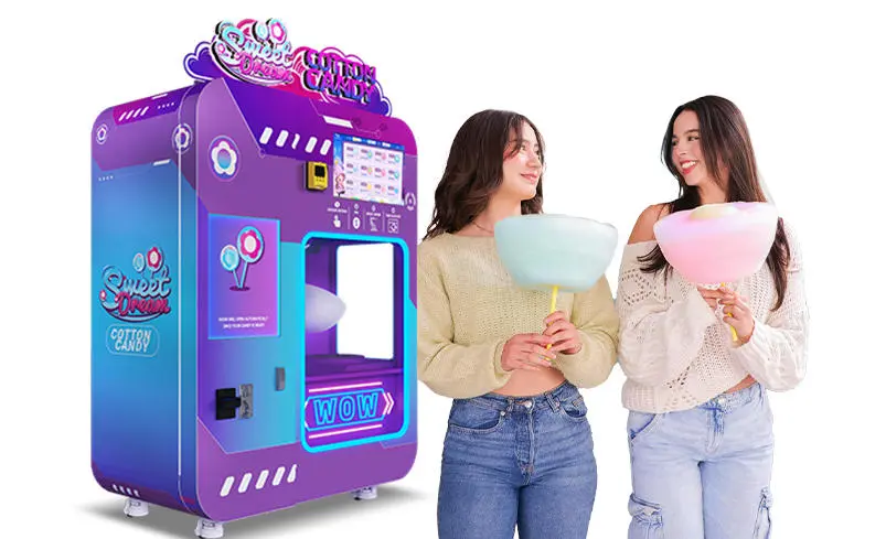 Automatic cotton candy vending machine attracting customers in a busy mall setting