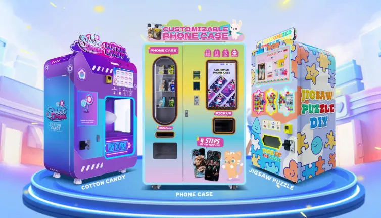 A retail corner featuring a phone case vending machine next to a cotton candy machine