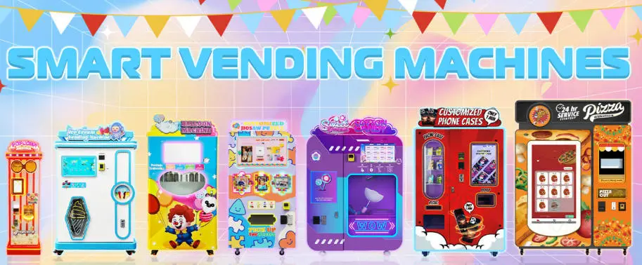 A lineup of different vending machines including phone case, cotton candy, and puzzle makers
