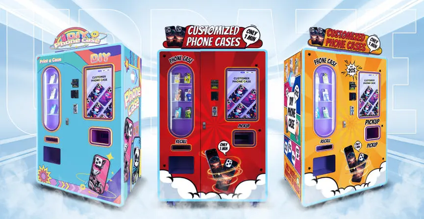 A traveler customizing a phone case design on a vending machine touchscreen