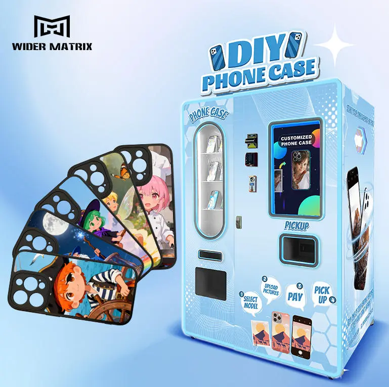 A row of different vending machines including phone case and cotton candy in a busy area