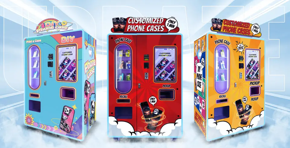 Business owner refilling blank phone cases and ink in a vending machine