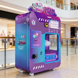 A fully automatic cotton candy vending machine attracting families in a high-traffic shopping center
