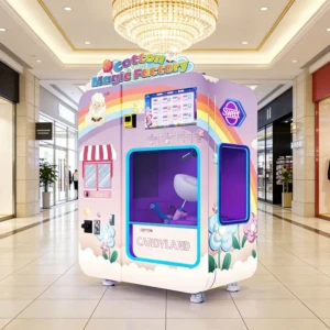 Commercial cotton candy vending machine serving customers in a high-traffic shopping center