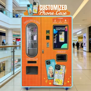 A sleek phone case vending machine in a high-traffic shopping center corridor