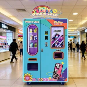 custom phone case kiosk in a shopping center attracting customers