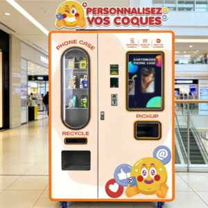 A sleek phone case printing vending machine in a busy shopping center attracting customers