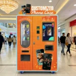 A high school student interacts with a touchscreen phone case vending kiosk in a modern school hallway