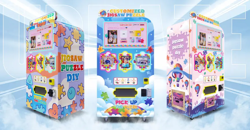 User interacting with touchscreen interface on a custom puzzle vending machine