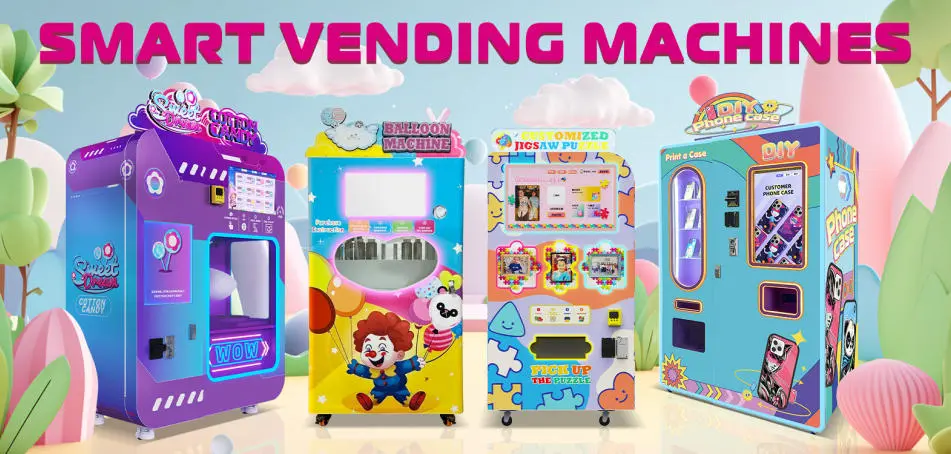 Visual comparison of a compact vending machine and a larger full-customization kiosk