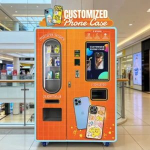 A modern custom phone case vending machine located in a bright Australian shopping centre corridor