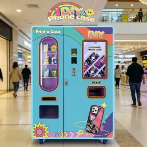 A modern phone case vending machine in a busy shopping mall, with customers interacting with the touchscreen