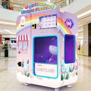 A fully automatic cotton candy vending machine operating in a busy shopping mall